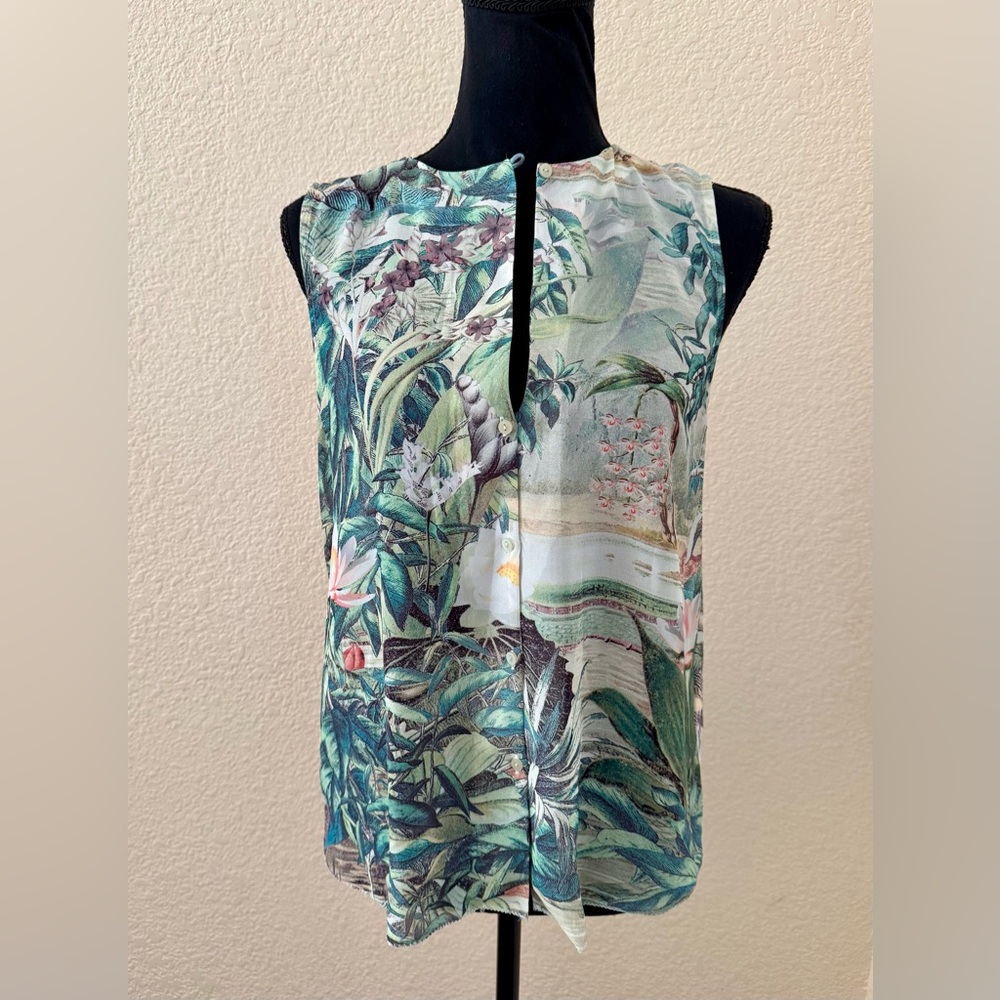H & M Conscious Collection Tropical Button-Up Sleeveless Blouse Sz 6-8 High Low - Picture 2 of 12